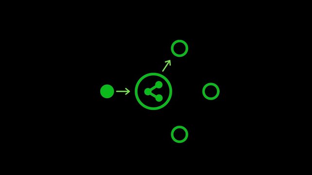 Flat design motion graphic of a sharing symbol spreading information to multiple nodes or channels.