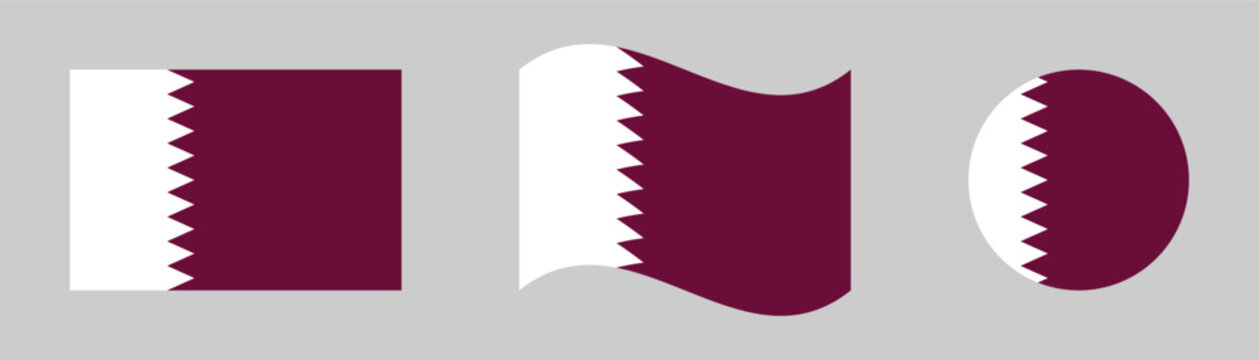 Flat Qatar national flag vector featuring classic rectangular waving wave and round circular button badges isolated on grey background