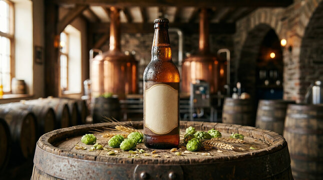 Blank amber glass beer bottle mockup with condensation standing on a wooden barrel with fresh hops and wheat in a microbrewery background