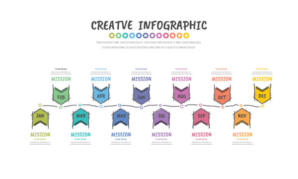 12 Months Business Hand drawn  Timeline Infographic 4 Quarters Horizontal Roadmap for Presentation Flat Design