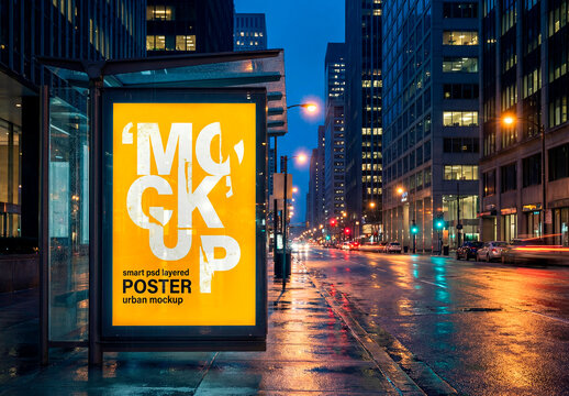 Bus stop billboard mockup on rainy city at night