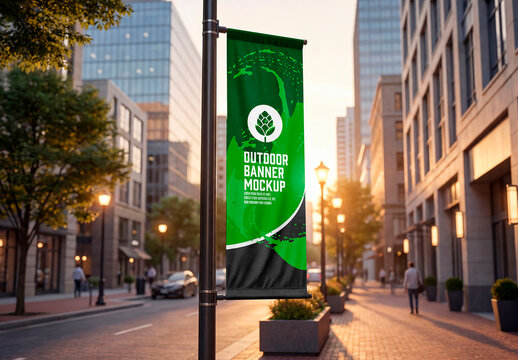 Street banner mockup on city lamp post at sunset
