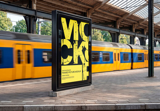Railway station poster mockup beside moving train