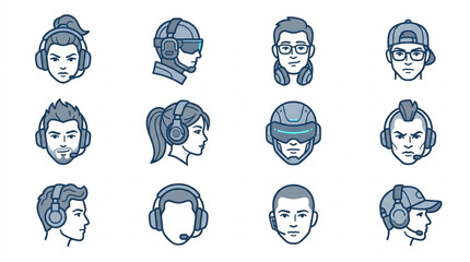 Collection of diverse gamer avatars with headsets and headphones. © retme