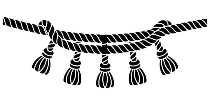 Black twisted rope with tassels hanging down on white background cord string knot