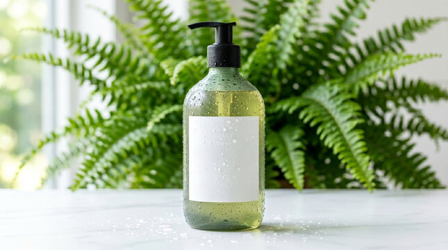 Blank green glass pump dispenser bottle mockup with water droplets and a white label template standing on a white marble surface with a blurred fern plant background