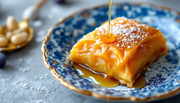 Macro shot of honey-drizzled baklava on porcelain plates