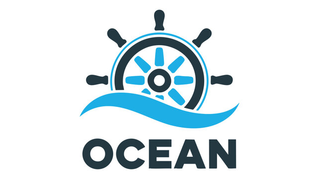 Steering Wheel Gauge Icon with Blue Ribbon and Five Spokes, Featuring Occean Wordmark for Nautical Navigation
