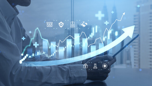 Business growth chart with digital analytics overlay, rising arr