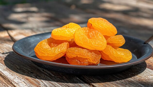 Sun-kissed dried apricot slices artfully stacked on a dark plate, showcasing vibrant orange hues and delightful textures