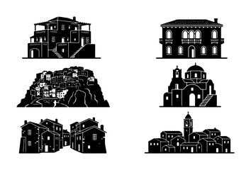 Naklejka premium Vector Set of Diverse European Village Buildings, Mediterranean Architecture Silhouettes, Italian Town Houses, Greek Island Structures