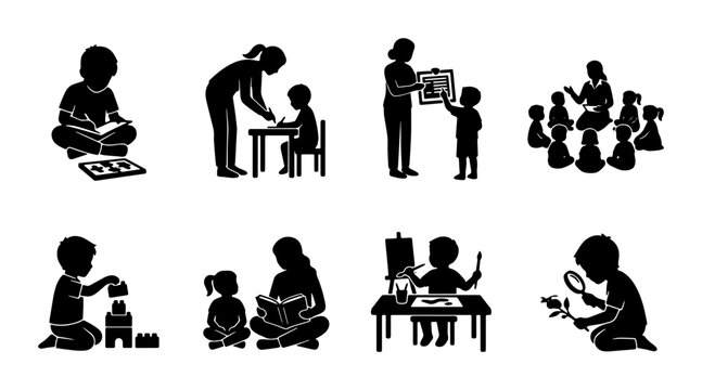 Children Learning Activities, Education Icons Set, Kids Play and Study Silhouettes, Kindergarten and School Concepts