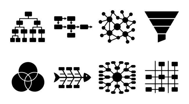 Diagram Icons Set: Flowchart, Network, Funnel, Venn, Fishbone, Mind Map, Matrix, Hierarchy