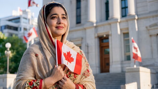 Emotional Muslim woman shedding tears of joy holding Canada flag outside parliament building concept