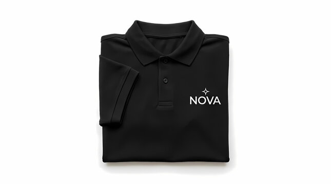 Folded black polo t-shirt mockup with white nova logo and star on chest isolated on white background