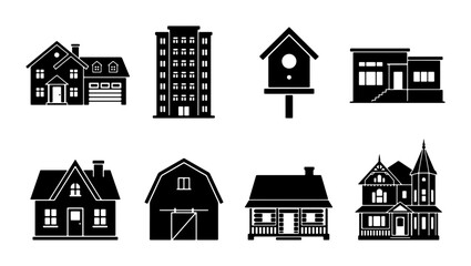 Diverse Building Silhouettes: Houses, Apartment Block, Birdhouse, Barn, Cabin, Victorian Home, Modern Residence © Faria