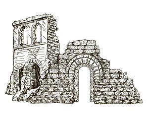 Ancient stone fortress ruins with arched gateways and medieval architecture. Historic landmark and archaeological heritage site. sketch. For history, tourism, culture and preservation themes © EVGENIY
