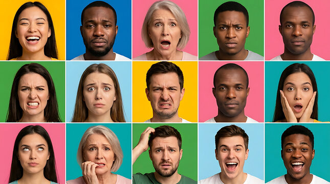 Fifteen diverse people displaying a range of human emotions and expressions faces portraits
