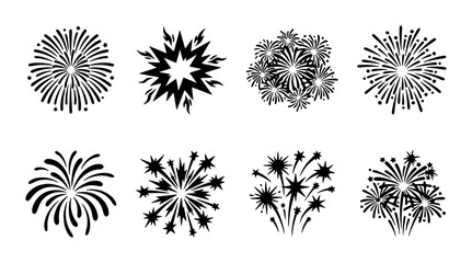 Explosive Firework Burst Vector Icons Set, Festive Celebration Pyrotechnic Shapes, Black and White Graphic Elements for Holiday Design © Shahin