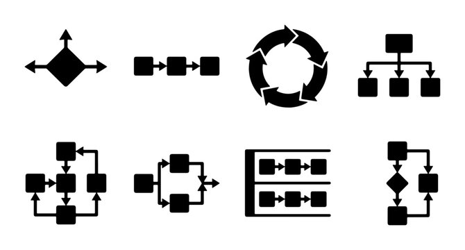Process Flowchart Icons Set, Business Workflow Diagrams, Data Structure Flowcharts, System Logic Icons