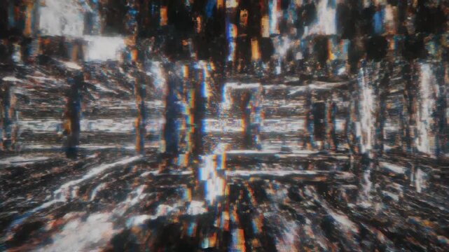 Abstract digital glitch effect with tunnel vision, visual noise, and corrupted data stream, evoking a futuristic cyberspace.