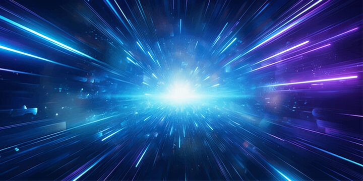 Abstract cosmic energy burst, with glowing blue and purple light streaks exploding outwards from a central bright white core, evoking a sense of speed, power, and the vastness of space.