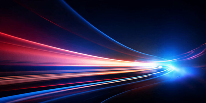 Abstract light trails and streaks of red and blue light create a dynamic, futuristic motion blur effect against a dark background.