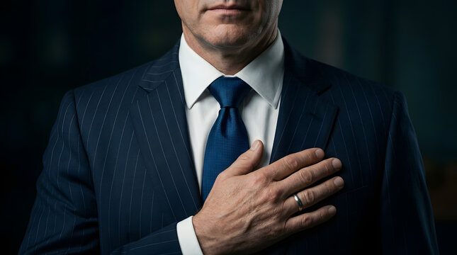 Professional businessman placing hand over heart in formal office setting with sincere expression