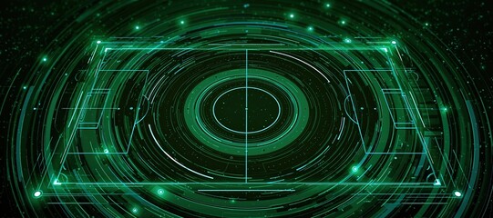 Obraz premium Football pitch with abstract data arcs and glowing nodes on dark green background
