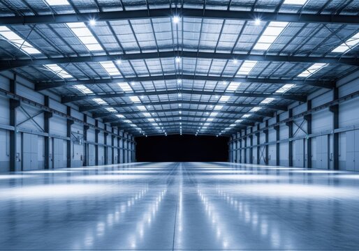 Empty industrial warehouse interior with polished concrete floor and steel ceiling structure