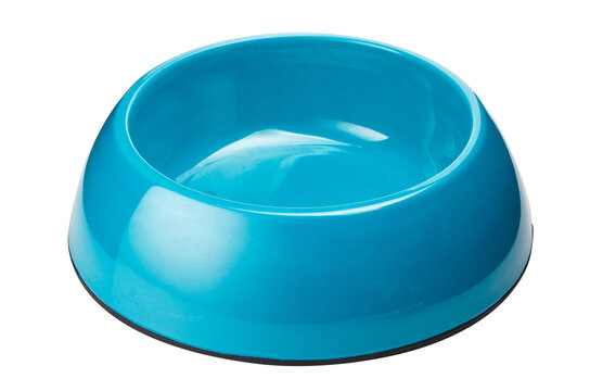 Empty blue pet bowl for food or water, isolated on cutout transparent background