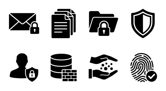 Cybersecurity Icons Set, Digital Protection Symbols, Data Security Vector Graphics, Privacy Shield, Fingerprint Scan