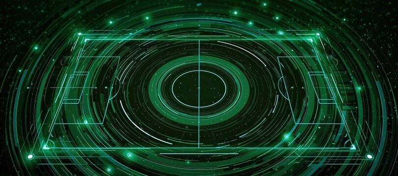 Football pitch with abstract data arcs and glowing nodes on dark green background