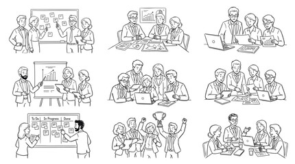 Obraz premium A collection of nine black and white illustrations depicting various business meeting scenarios, team collaboration, and successful project outcomes.
