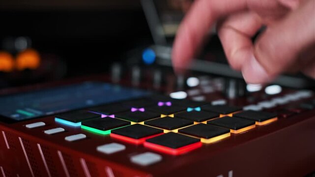 A musician's fingers rhythmically tap the illuminated pads of a red MIDI controller in a dark studio. Concept of electronic music production, beat making, and creative audio workflow.