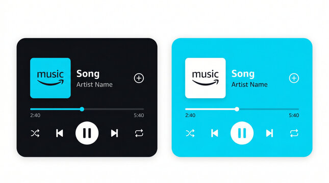 Amazon Music Style Player UI Mockup with Playlist Album Cover Playback Controls. Mobile podcast and song application interface in dark and light modes. Minimalist music playback screen template design