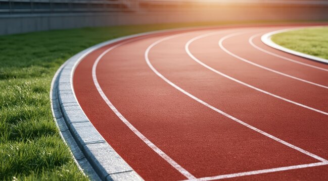 Red running track curve with white lane lines and green grass in stadium
