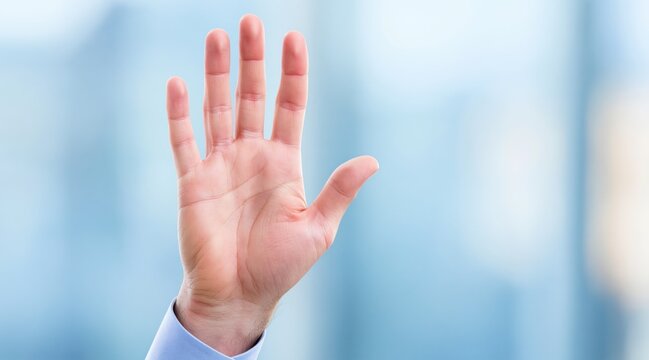 Male hand with six fingers showing palm on blue background