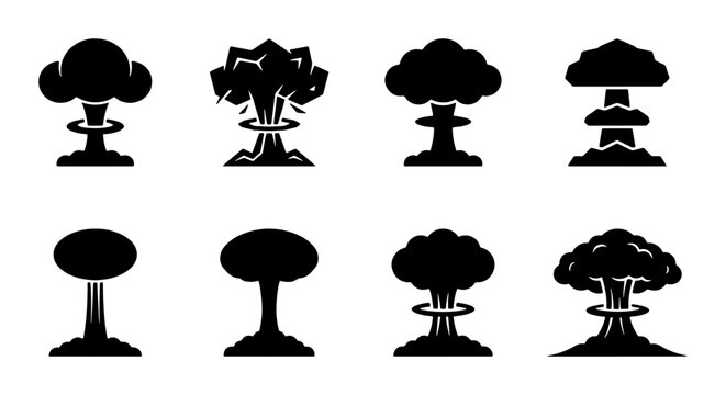 Nuclear Explosion Icons Set, Atomic Bomb Mushroom Cloud Silhouettes, Blast Wave Symbols, Vector Graphics for War and Danger Concepts