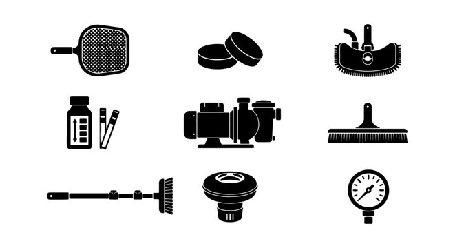 Pool Maintenance Equipment Icons, Water Care Tools Vector Set, Swimming Pool Cleaning Supplies