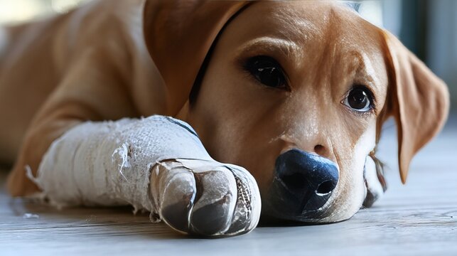 sad dog with a broken leg in plaster