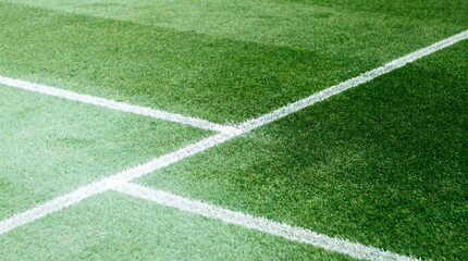 Obraz premium Closeup of white painted lines on a green grass sports field