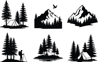 Obraz premium Mountain camping and hiking silhouettes set with tents, pine trees and peaks, outdoor adventure wilderness landscape collection isolated on white background