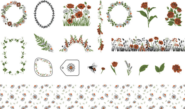 Vibrant wildflower garden collection with poppy wreaths blooming roses bumblebee icon and repeating meadow flower pattern