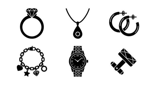 Elegant Jewelry Icons Set, Diamond Ring, Pendant Necklace, Hoop Earrings, Charm Bracelet, Watch, Cufflinks