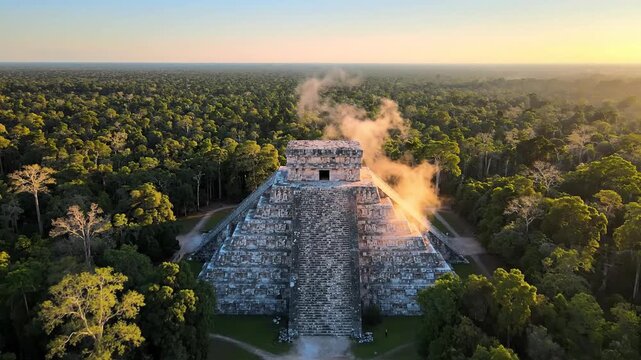 Aerial view of El Castillo pyramid at Chichen Itza, Mexico, at sunset, with smoke rising from the top, surrounded by dense jungle.