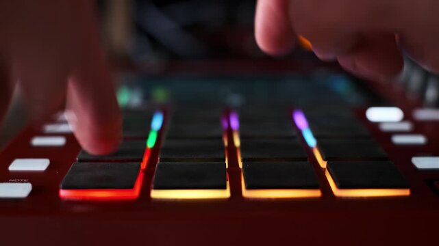 A low-angle, close-up shot of a music producer's hands tapping out a rhythm on the glowing red and orange pads of a modern beat machine, with a shallow depth of field blurring the background.