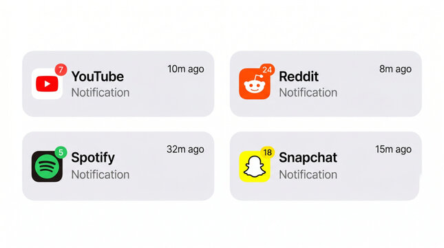Social Media App Notification UI Mockup Set for YouTube Reddit Spotify and Snapchat. Mobile push message interface design with notification badges counters and time stamps. Digital alert layout UI.