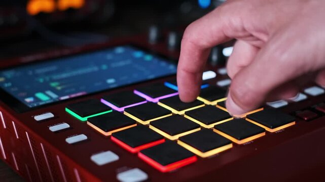 Close-up of a musician's hand tapping out a rhythm on the colorful, illuminated pads of a modern beat maker. The professional audio equipment glows in a dark studio during music production.