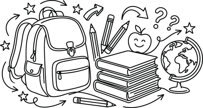 Backpack and school supplies with books and a globe for education and learning activities